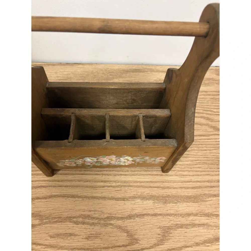 Vintage Small Wooden Carpenter  Makeup Caddy Carrier Rustic Box Floral